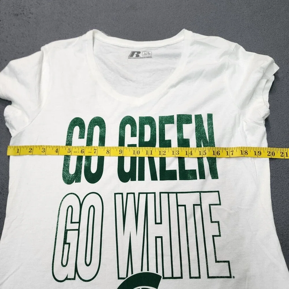 Russell Michigan State "GO GREEN GO WHITE" Women’s V-neck T-shirt Size L - Picture 7 of 10